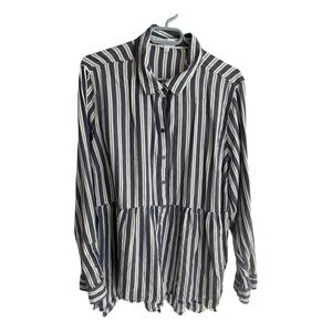 True Craft Striped Button-Up Peplum Shirt in Boho Navy & White Size 2XL